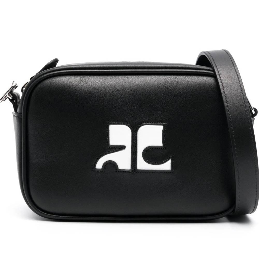 Black Leather Crossbody Bag with White Logo Accent from Courreges.